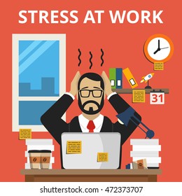Stress situation on work. Overworked and tired businessman or office worker sitting at his desk. Flat vector illustration.
