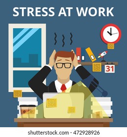 Stress situation on work. Overworked and tired businessman or office worker sitting at his desk in night time. Flat vector illustration.