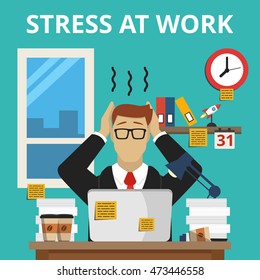 Stress situation on work. Overworked and tired businessman or office worker sitting at his desk. Flat vector illustration.