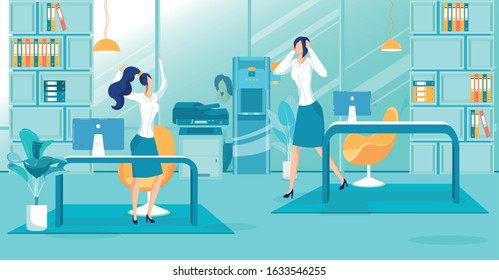 Stress Situation at Work - Deadline, Computer Equipment Breakdown Professional Management and Employees in Panic Trying to Solve Problem and Set, Establish Workflow. Flat Cartoon Vector Illustration.