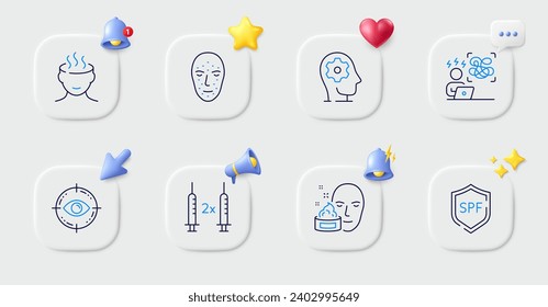 Iconos de línea de trabajo de estrés, protección de Spf y cerebro. Botones con timbre 3d, discurso de chat, cursor. Paquete de crema facial, estrés difícil, icono biométrico facial. Vector
