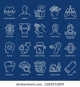 Stress symptoms and burnout icon set in line style. Depression, anxiety and frustration. Vector illustration.