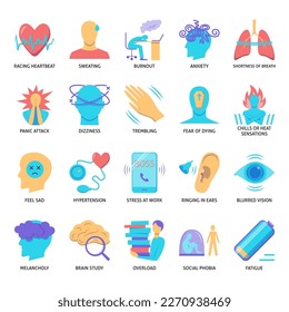 Stress symptoms and causes icon set in flat style. Vector illustration.