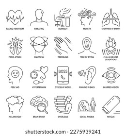 Stress symptoms and causes icon set in line style. Vector illustration.