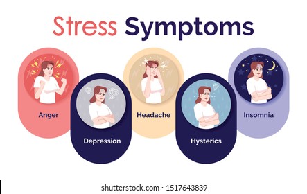 Stress symptoms flat infographic vector template. Mental health problems illustration. Hysterics and insomnia. Anger, depression and headache. Poster, booklet graphic element with cartoon characters