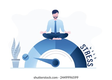 Prueba de estrés, empleado relajándose sin presión psicológica. El empleado es tranquilo y mentalmente sano. Hombre de negocios sentado en la pose de loto yoga en la escala de medición. Tiempo de descanso. Ilustración vectorial plana