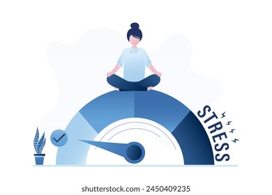 Prueba de estrés, empleado relajándose sin presión psicológica. La empleada es tranquila y mentalmente sana. Mujer de negocios sentada en la pose del yoga del loto en la escala de medición. Tiempo de descanso. Ilustración vectorial