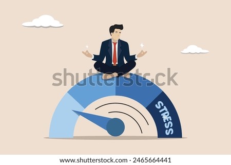 Stress test, employee relaxing without psychological pressure or rest time, mind calming concept, businessman sitting in lotus yoga pose on measuring scale.