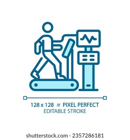 Stress test pixel perfect light blue icon. Cardiac health. Cardiovascular exercise. Physical exam. RGB color sign. Simple design. Web symbol. Contour line. Flat illustration. Isolated object