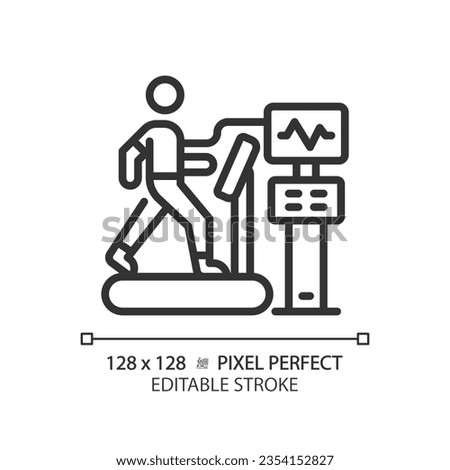 Stress test pixel perfect linear icon. Cardiac health. Cardiovascular exercise. Physical exam. Medical assessment. Thin line illustration. Contour symbol. Vector outline drawing. Editable stroke