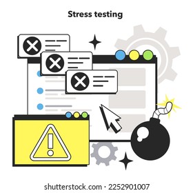 Stress testing technique. Software testing methodology. IT specialist searching for bugs in code. Website and application development. Flat vector illustration