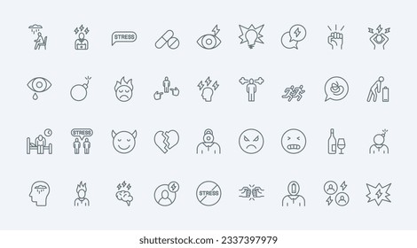 Stress thin line icons set vector illustration. Outline symbols of anxiety and tiredness, hangover and work burnout, tired sick man with low battery, angry and nervous person with steam from head