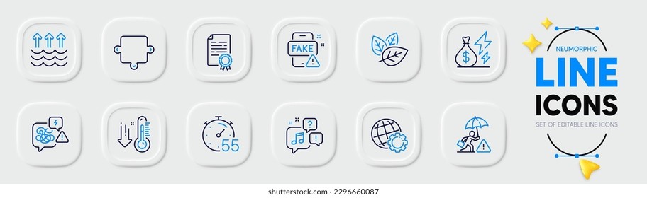Stress, Timer and Certificate diploma line icons for web app. Pack of Risk management, Voicemail, Evaporation pictogram icons. Fake news, Globe, Electricity price signs. Organic tested. Vector
