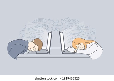 Stress, tiredness, burnout concept. Overworked exhausted office workers lying on laptops feeling tired and burnt out in office at work vector illustration