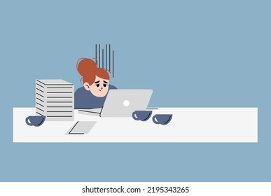 Estrés, cansancio, concepto de agotamiento. Un trabajador de oficina exhausto y sobrecargado de trabajo que yacía en las laptops se sentía cansado y quemado en la oficina en el trabajo. Ilustración vectorial plana aislada en fondo blanco