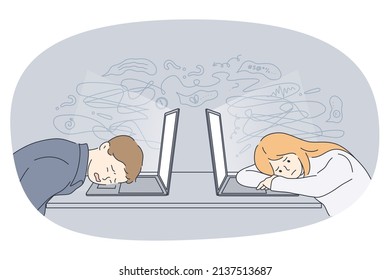 Stress Tiredness and exhaustion concept. Young tired business woman and man workers lying on their laptops in office feeling sleepy and tired at work vector illustration 