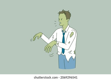 Stress tiredness and feeling zombie concept. Young green tired businessman going walking feeling stressed and workaholic vector illustration 