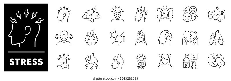 Stress vector icons collection. Thin line icons related to stress and anxiety. Stress vector icons in line style