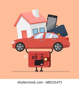 Stress wallet carrying debt burden. Business concept