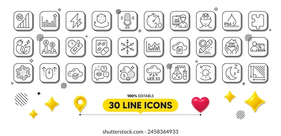 Stress, Waterproof and 5g wifi line icons pack. 3d design elements. Electricity, Green energy, Stay home web icon. Coronavirus, Online education, Sulfur mineral pictogram. Vector