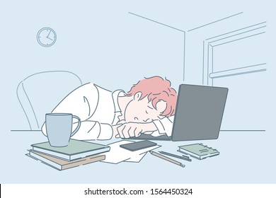 Stress, weakness, fatigue, sleep at workplace concept. Young man, businessman was tired, dozing at work in office. Teen boy student relaxed at time of preparation for test. Mental strain. Flat Vector