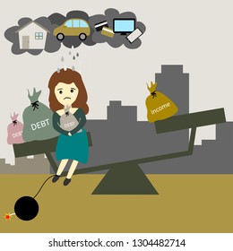 stress woman can't balance income and debt having problem with credit card,home,and car payment , vector illustration 