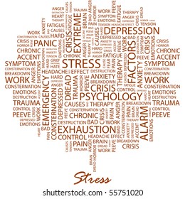 STRESS. Word collage on white background. Illustration with different association terms.