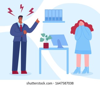 
Stress at work. Angry boss screaming at employee. Vector illustration.