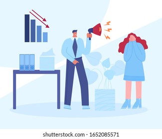
Stress at work. Angry boss yells at a woman. Vector illustration.