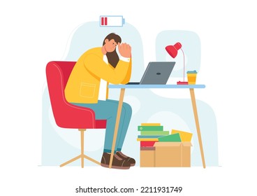 Stress and work burnout of tired employee vector illustration. Cartoon exhausted office worker character with low energy in battery sitting with laptop at desk, overworked person with health problem