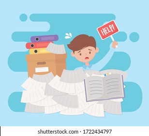 estrés en el trabajo, mucho papeleo del hombre de negocios con la ilustración de los vectores de ayuda