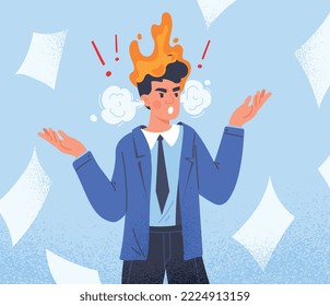 Stress at work. Businessman with shattered head stands among falling sheets of paper. Poor time management and inefficient workflow. Emotional burnout and panic. Cartoon flat vector illustration