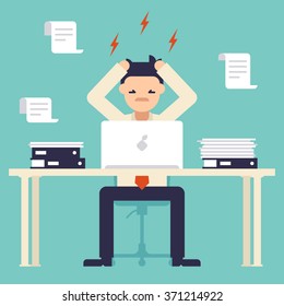 Stress at work. Busy time of businessman in hard working. Man tearing his hair out. Vector illustration. Flat deign style.