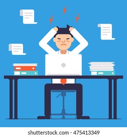 Stress at work. Busy time of businessman in hard working. Man tearing his hair out. Vector illustration. Flat deign style svg
