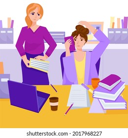 Stress at work. Busy time of businesswoman in hard working. A lot of work in office work place.