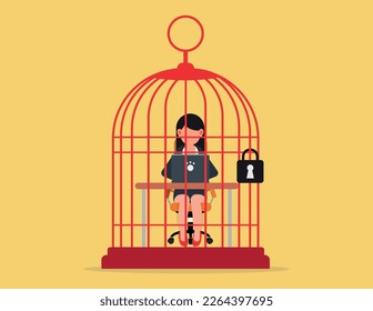 Stress at work concept, Depression and despair. business woman working at desk trapped inside birdcage