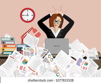 Stress at work concept flat illustration. Stressed out women in suit with glasses, in office at the desk. Modern design for web banners, web sites, printed materials, infographics. Flat vector.