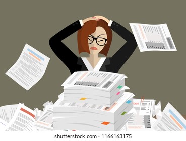 Stress at work concept flat illustration. Business woman needs help under a lot of documents in office.  Flat design style.