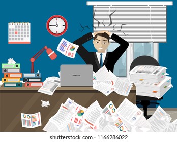 Stress at work concept flat illustration. Business man needs help under a lot of documents in office.  Flat design style.