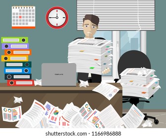 Stress at work concept flat illustration. Business man needs help under a lot of documents in office. Flat design style.