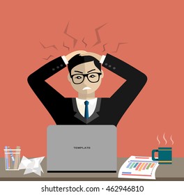 Stress at work concept flat illustration. Stressed out men in suit with glasses, in office at the desk. Modern design for web banners, web sites, printed materials, infographics. Flat vector.