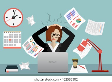 Stress at work concept flat illustration. Stressed out women in suit with glasses, in office at the desk. Modern design for web banners, web sites, printed materials, infographics. Flat vector.