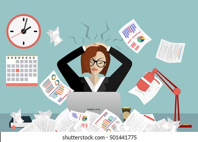 Stress at work concept flat illustration. Stressed out women in suit with glasses, in office at the desk. Modern design for web banners, web sites, printed materials, infographics. Flat vector.