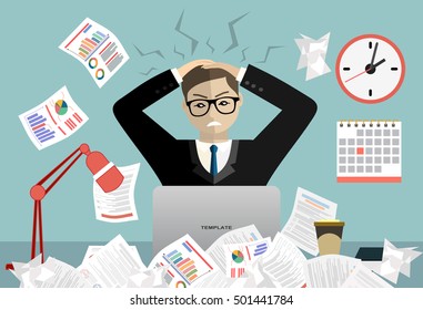 Stress at work concept flat illustration. Stressed out men in suit with glasses, in office at the desk. Modern design for web banners, web sites, printed materials, infographics. Flat vector.