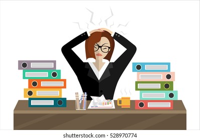 Stress at work concept flat illustration. Stressed out women in suit with glasses, in office at the desk. Modern design for web banners, web sites, printed materials, infographics. Flat vector.