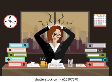 Stress at work concept flat illustration. Stressed out women in suit with glasses, in office at the deskat, at night . Modern design for web banners, web sites, printed materials. Flat vector.