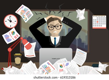 Stress at work concept flat illustration. Stressed out men in suit with glasses, in office at the deskat, at night . Modern design for web banners, web sites, printed materials. Flat vector.