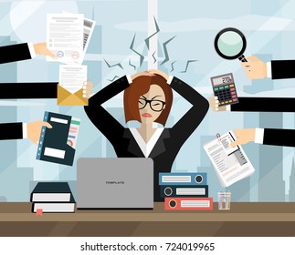 Stress At Work Concept Flat Illustration. Stressed Out Women In Suit With Glasses, In Office At The Desk Surrounded By Hands With Office Things.