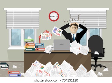 Stress at work concept flat illustration. Stressed out men in suit with glasses, in office at the desk. Modern design for web banners, web sites, printed materials, infographics. Flat vector.