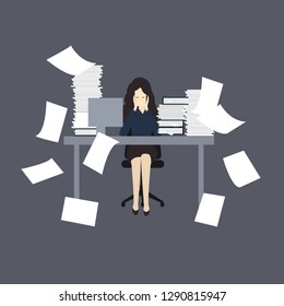 Stress at work concept illustration. Unhappy woman, sitting at table, flood with paper, overworked, too much working.